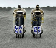 (2) Raytheon Baldwin 12AU7 ECC82 Long Black Plate Tubes O Getters Test Strong