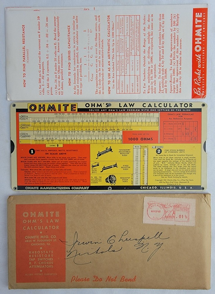 Rare Vintage « Ohmite » OHM&rsquo;s Law Calculator Instructions & Original Envelope 1945