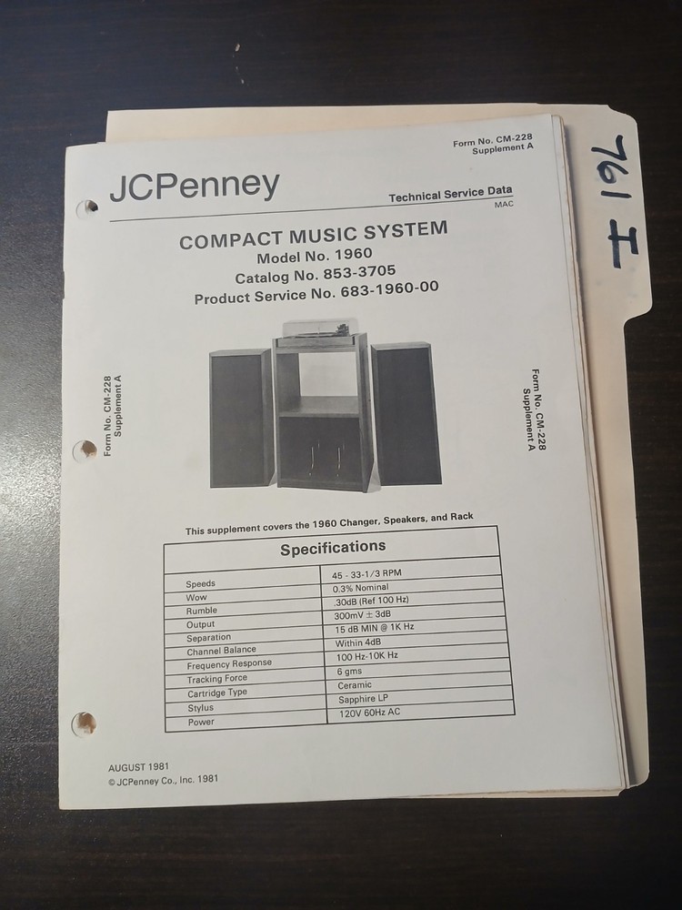 JC Penney 1960 Service Manual Original Repair Book Compact Music System