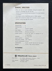 Hitachi Model TPQ-201 Transistor Cassette Tape Player Owner Manual Instructions