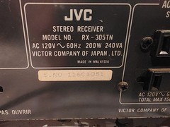 JVC RX-305 Receiver, AM, FM, Phono, Tape, Aux, W/ Cables Vintage