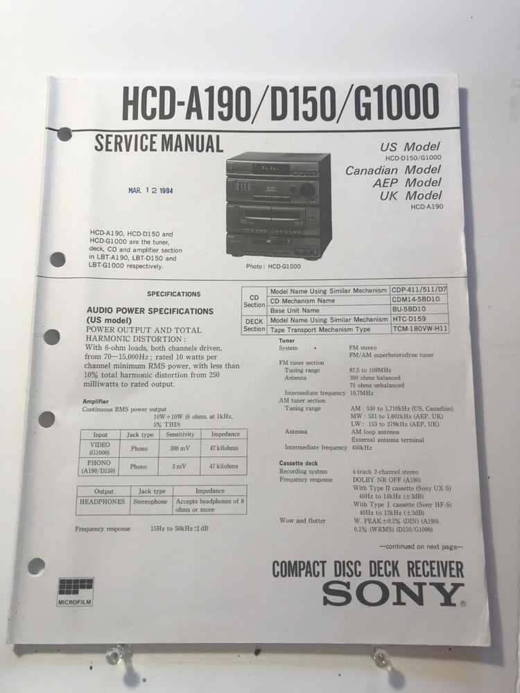 ORIGINAL SERVICE MANUAL & SCHEMATIC SONY HCD-A190/D150/G1000 D779