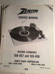 Vintage Zenith service manual record changers 169–407 and 169–408. RC3