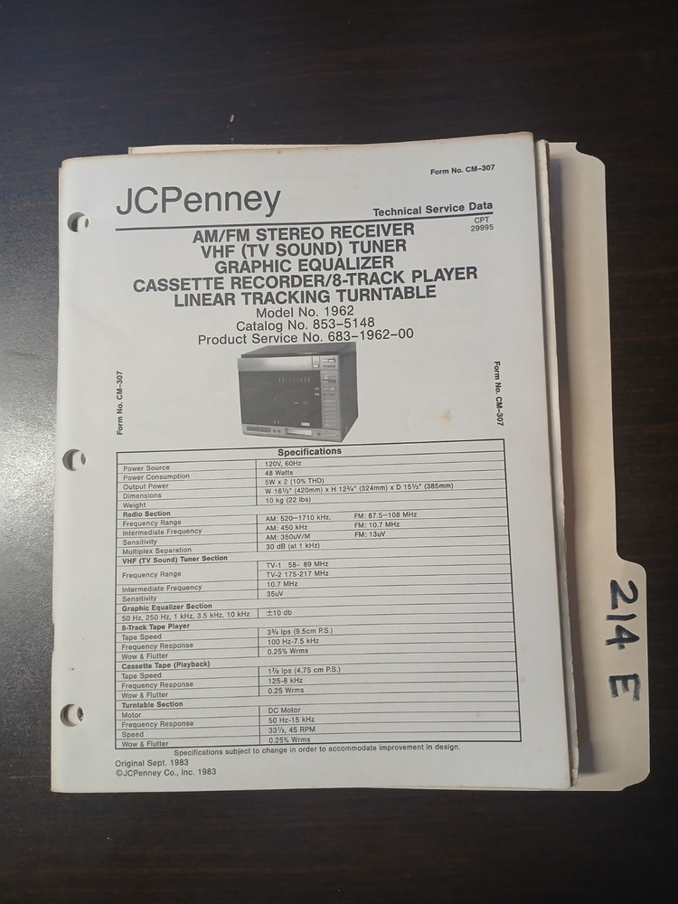 JC Penney 1962 Service Manual Original Repair Book Stereo Tape 8 Track Turntable