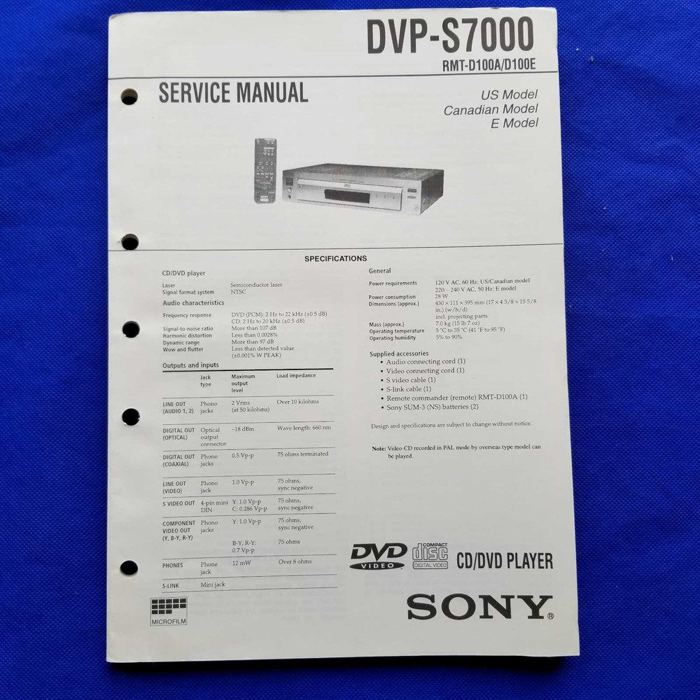 SONY DVP-S7000 RMT-D100A RMT-D100E Service Manual Original Paper OEM Repair Guid