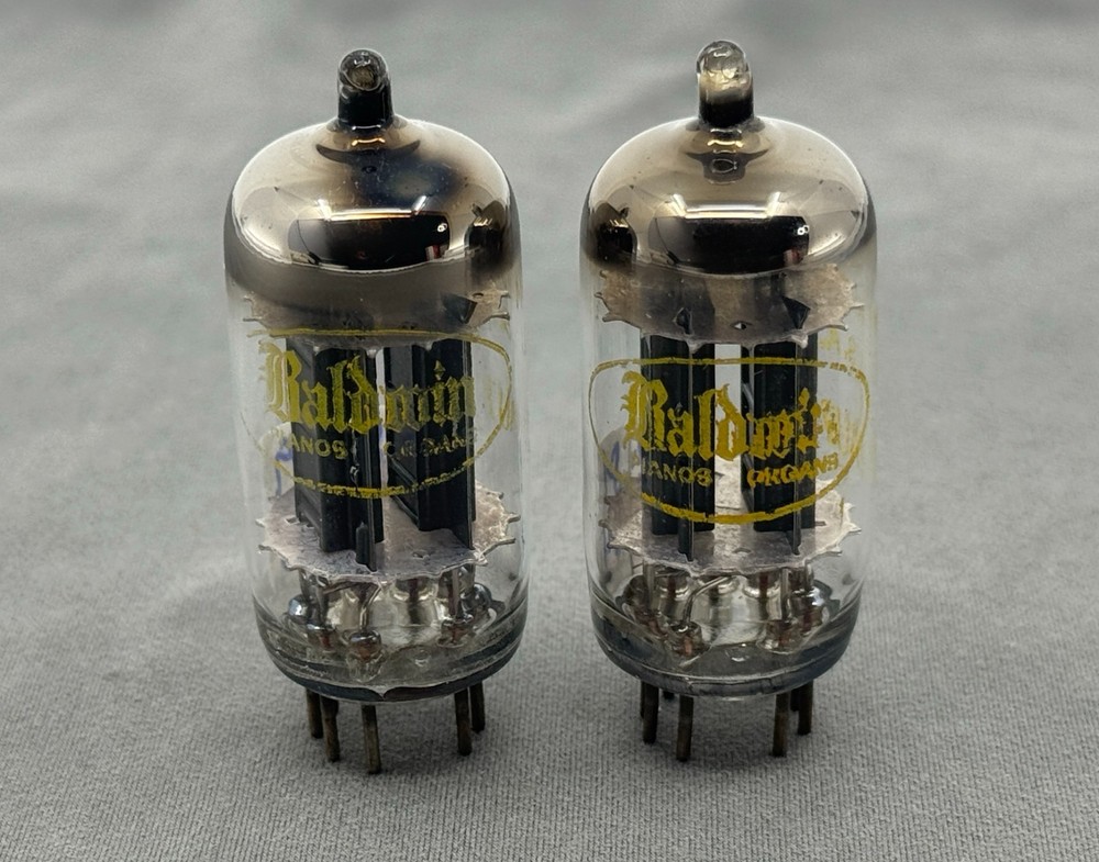 (2) Raytheon Baldwin 12AU7 ECC82 Long Black Plate Tubes O Getters Test Strong