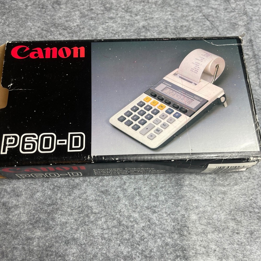 Canon P60-D Vintage Electronic Printing Calculator Gray White Japan with Box