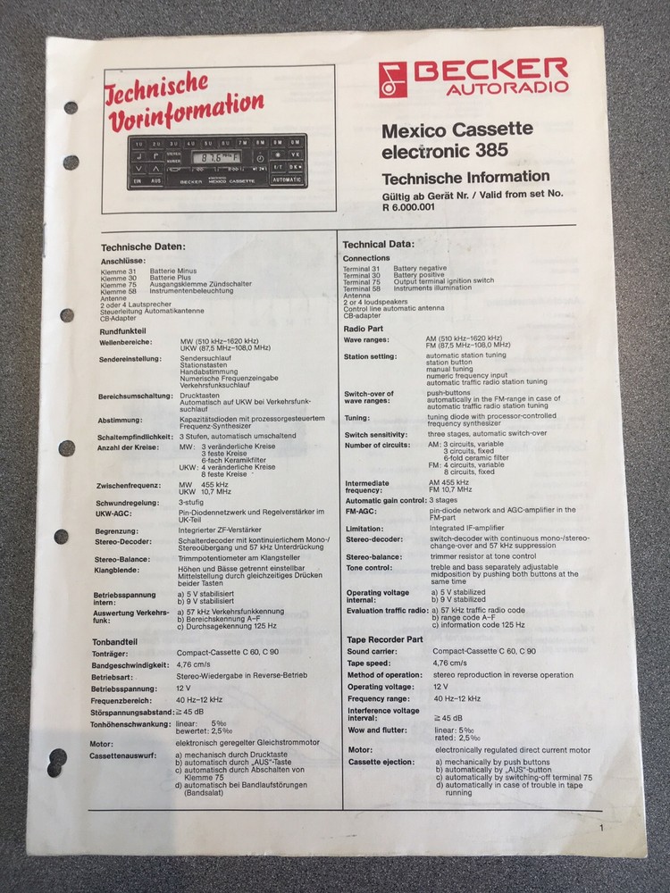 Becker Autoradio Mexico Cassette Electronic 385 Service Manual