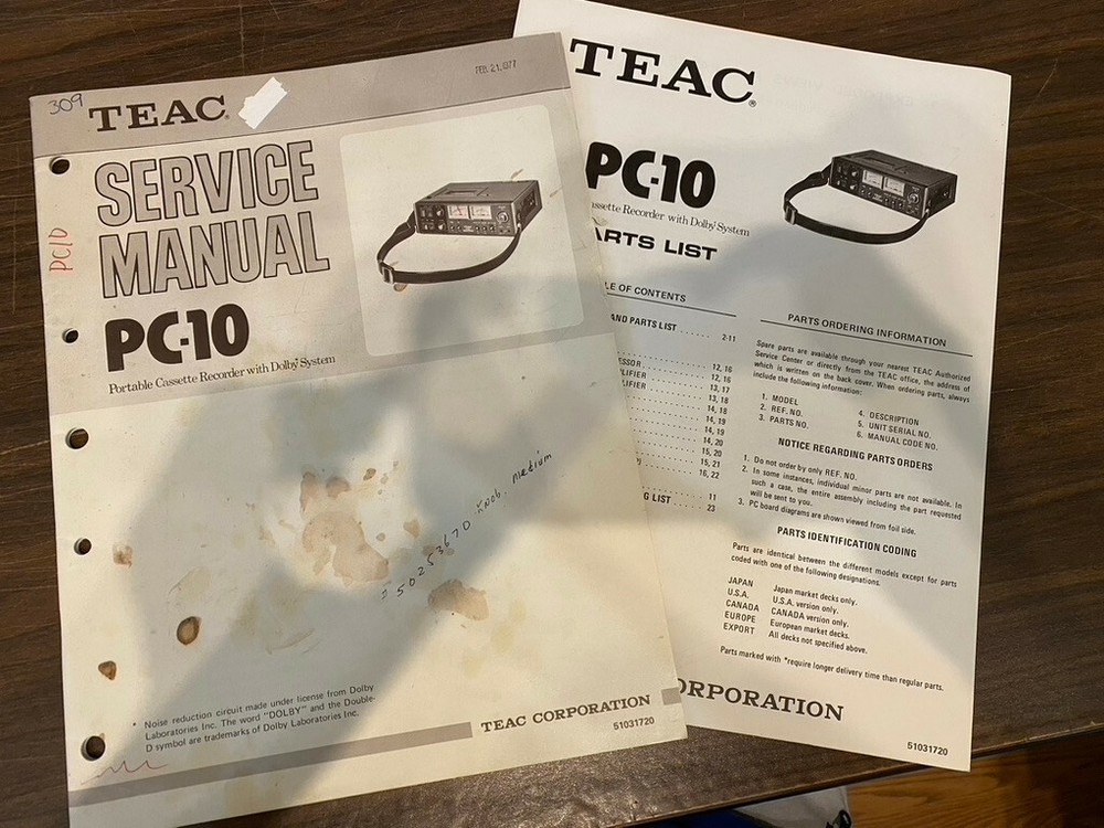 TEAC PC-10 PC10 RARE Service Manual w/Schematics AND Parts List *ORIGINAL**