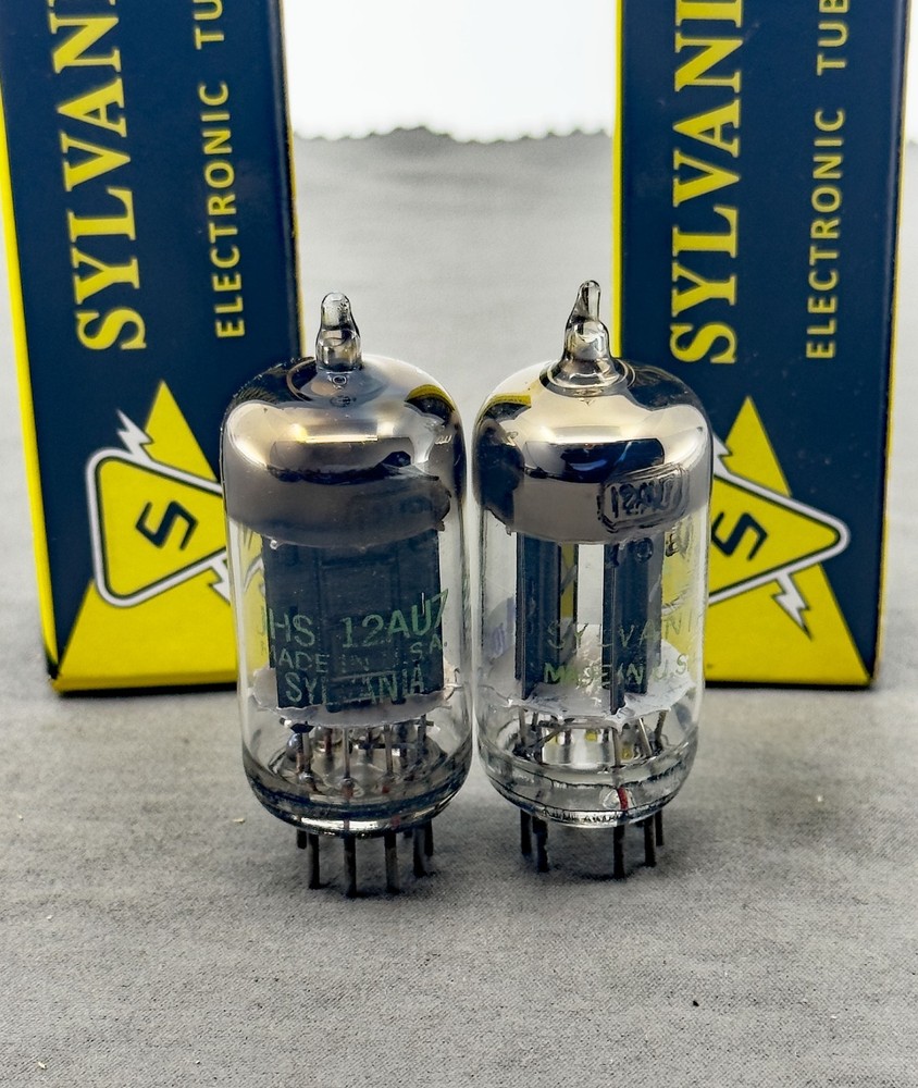 (2) Sylvania JHS-12AU7 Tubes Long Black Plates Square Getters Mil Spec Test NOS
