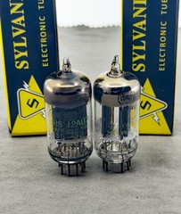 (2) Sylvania JHS-12AU7 Tubes Long Black Plates Square Getters Mil Spec Test NOS