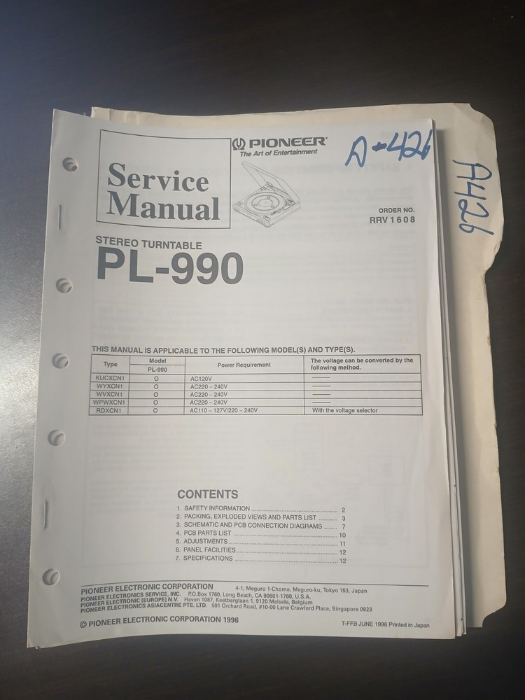Pioneer PL-990 Service Manual Original Repair Book Stereo Turntable