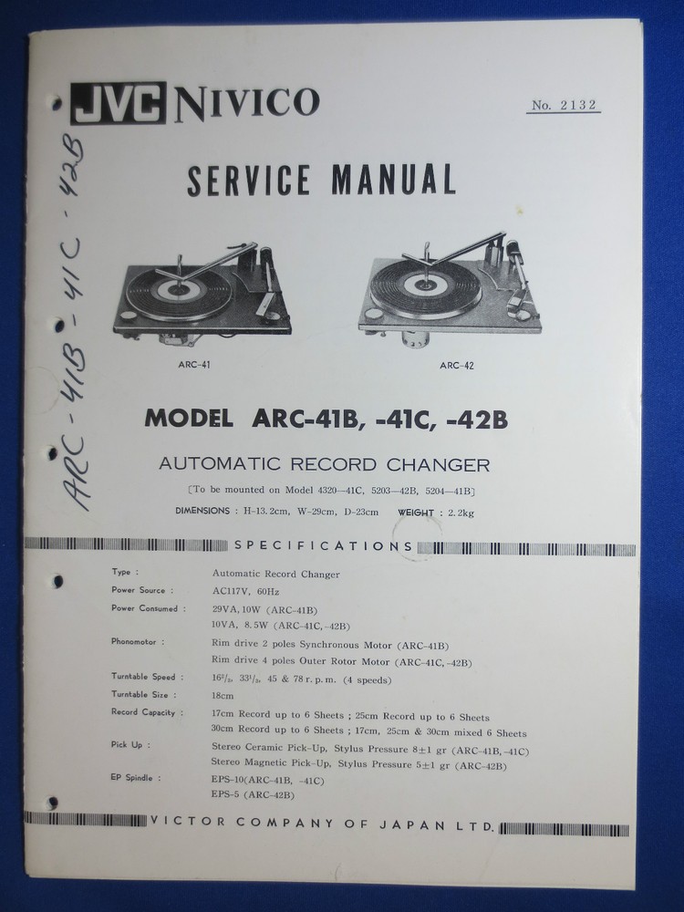 JVC ARC-41B ARC-41C ARC-42B TURNTABLE SERVICE MANUAL ORIGINAL FACTORY ISSUE