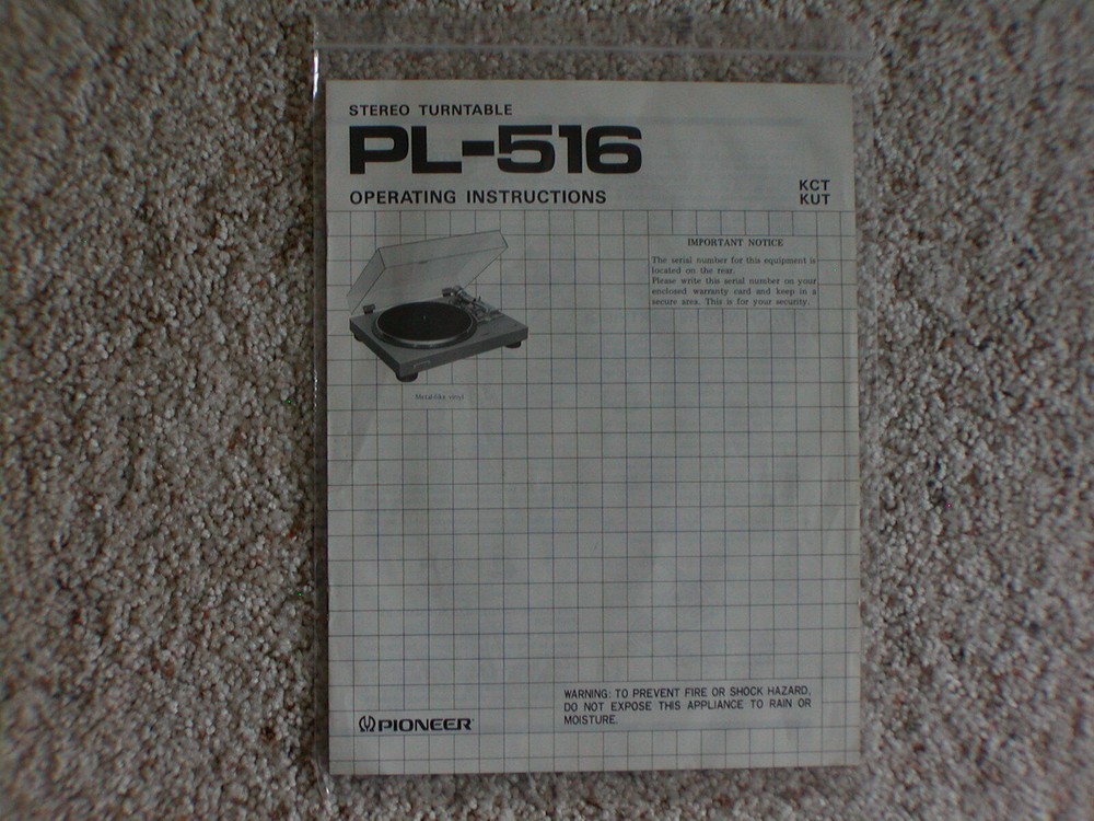 Vintage Original Pioneer PL-516 Manual. Good Condition.
