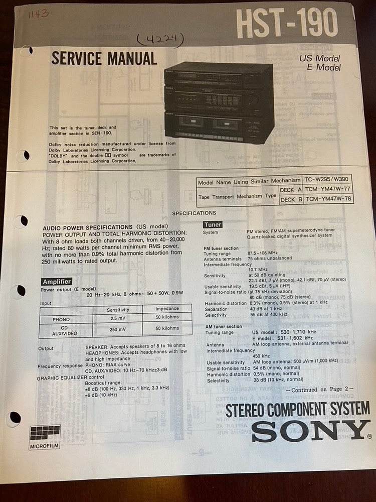 SONY HST-190 HST190 Service Manual FROM THE USA **ORIGINAL** 1143 4627 4630