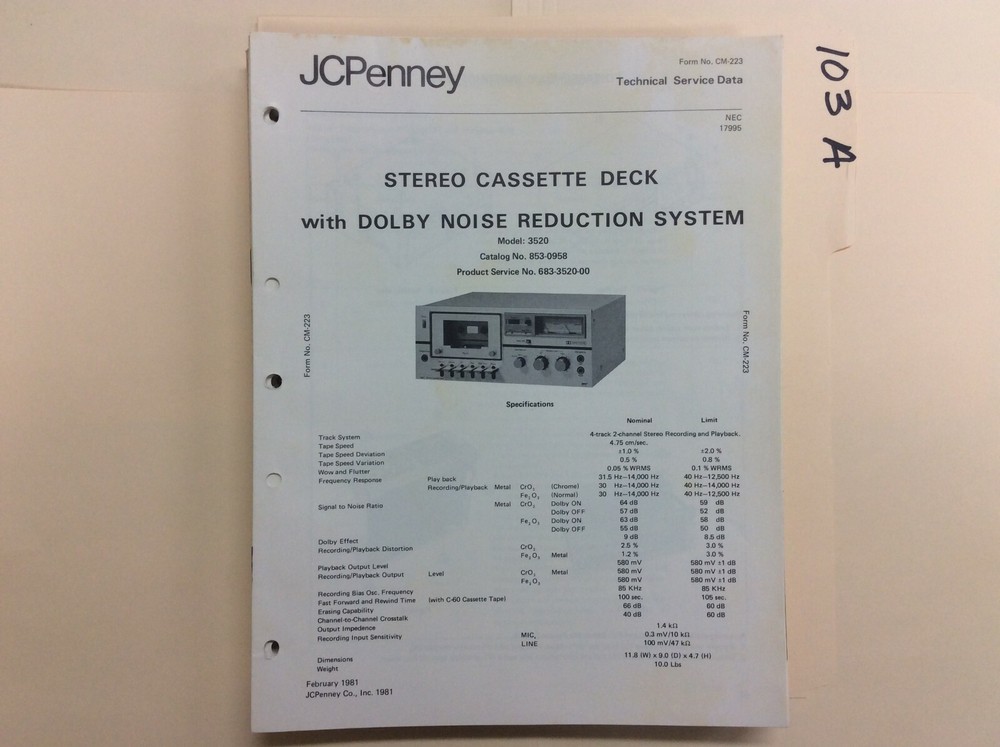 JC Penney 3520 Service Manual Original Repair Book Stereo Tape Player
