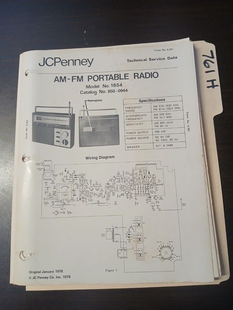 JC Penney 1854 Service Manual Original Repair Book AM FM Portable Radio