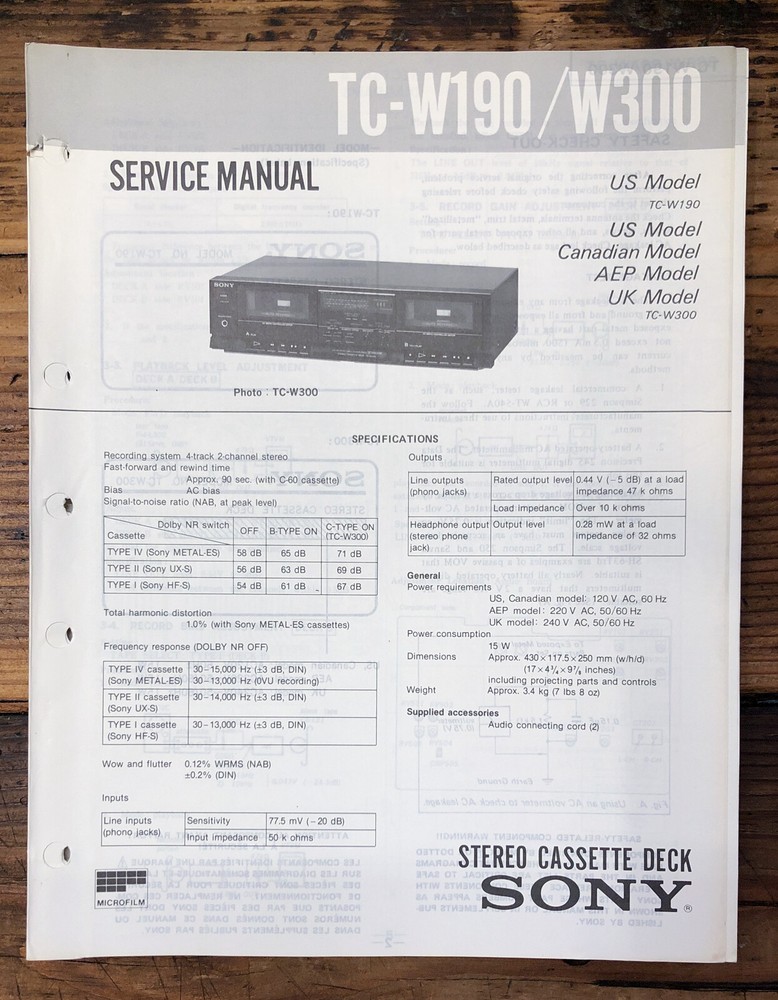 Sony TC-W190 TC-W300 Cassette Service Manual *Original*