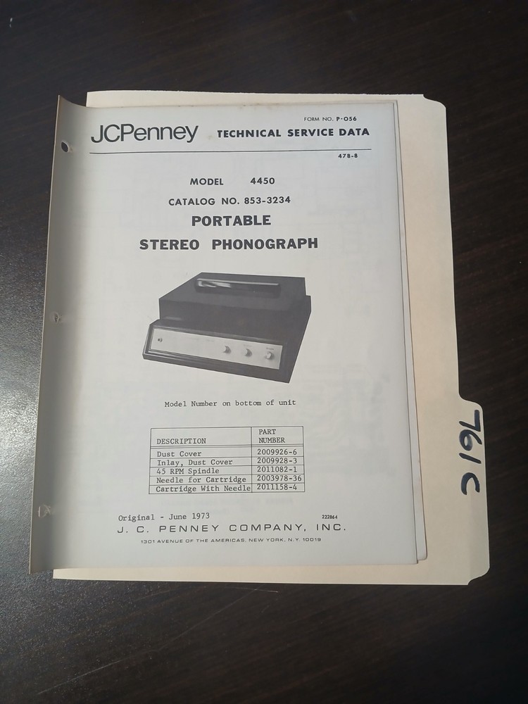 JC Penney 4450 Service Manual Original Repair Book Portable Stereo Phonograph