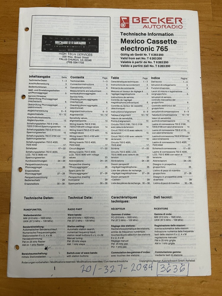 Becker Autoradio Mexico Cassette 765 Technical Information Manual Vintage