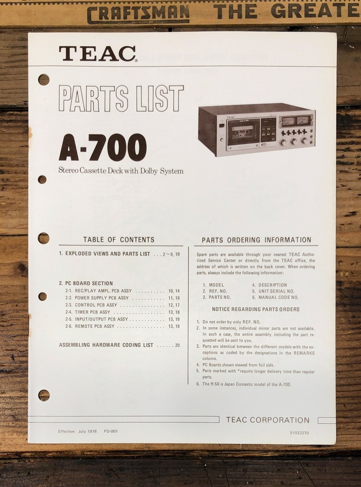 Teac / Tascam A-700 Cassette Parts List Manual *Original*