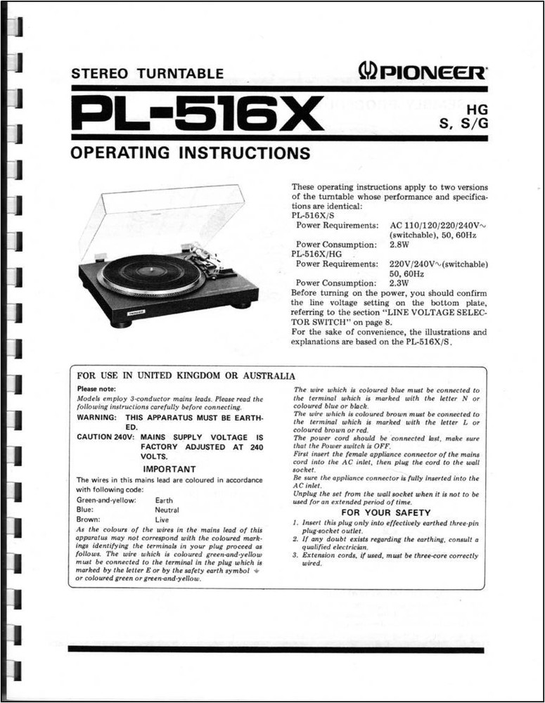 Pioneer PL-516X Turntable Owners Manual