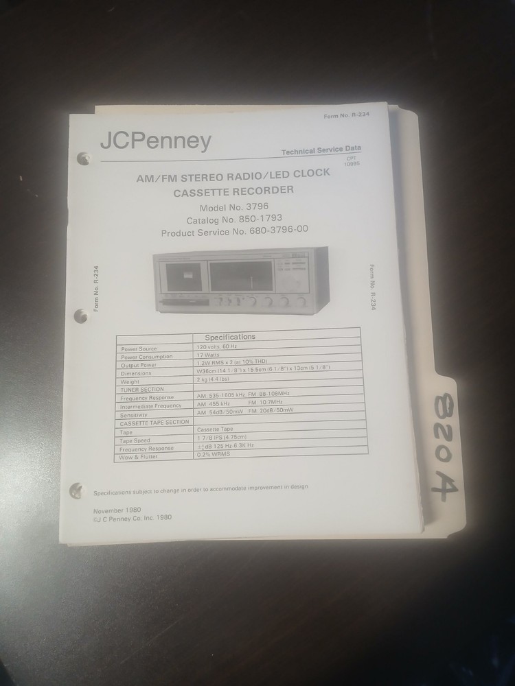 JC Penney 3796 Service Manual Original Repair Book Clock Radio Tape Recorder