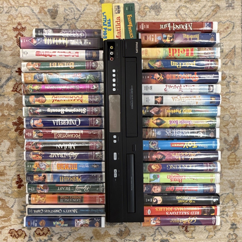 Philips DVP3345VB/F7 DVD VHS Combo Player + 39 Disney VHS Tapes Lot Tested 4-Hea