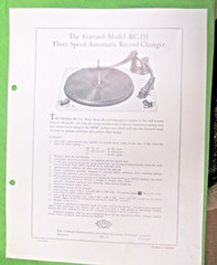 GARRARD MODEL RC 111 TURNTABLE ORIGINAL GARRARD SALES SHEET & INFO