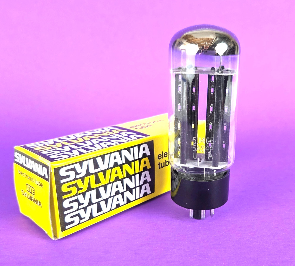 SUPERB SYLVANIA 5U4GB 5AS4A TALL BLACK PLATE TUBE HALO * NEW OLD STOCK IN BOX