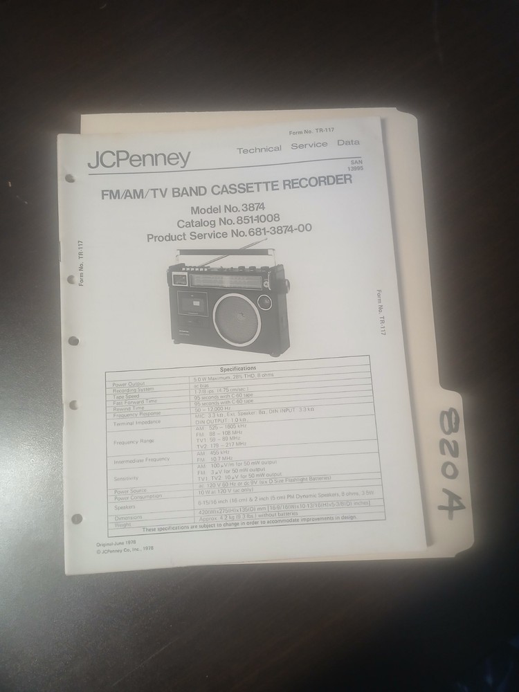 JC Penney 3874 Service Manual Original Repair Book Am FM TV Band Tape Recorder