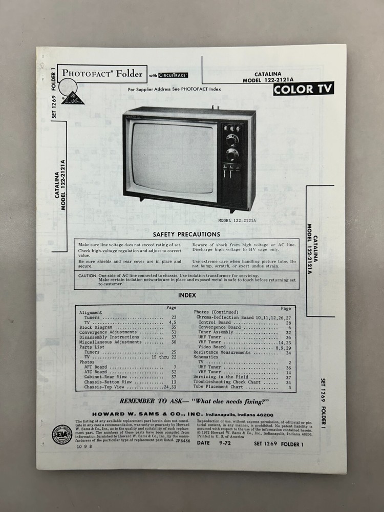 Catalina 122-2121A Service Manual Sams Photofact Free Shipping