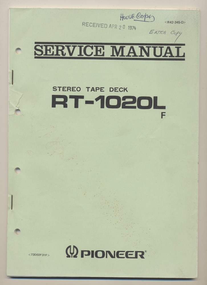 Pioneer Stereo Tape Deck RT-1020L F Service Manual Apr 1973 Japan R42-345-O HTF