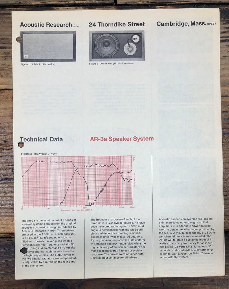 Acoustic Research AR-3A Speaker Dealer Brochure *Original*