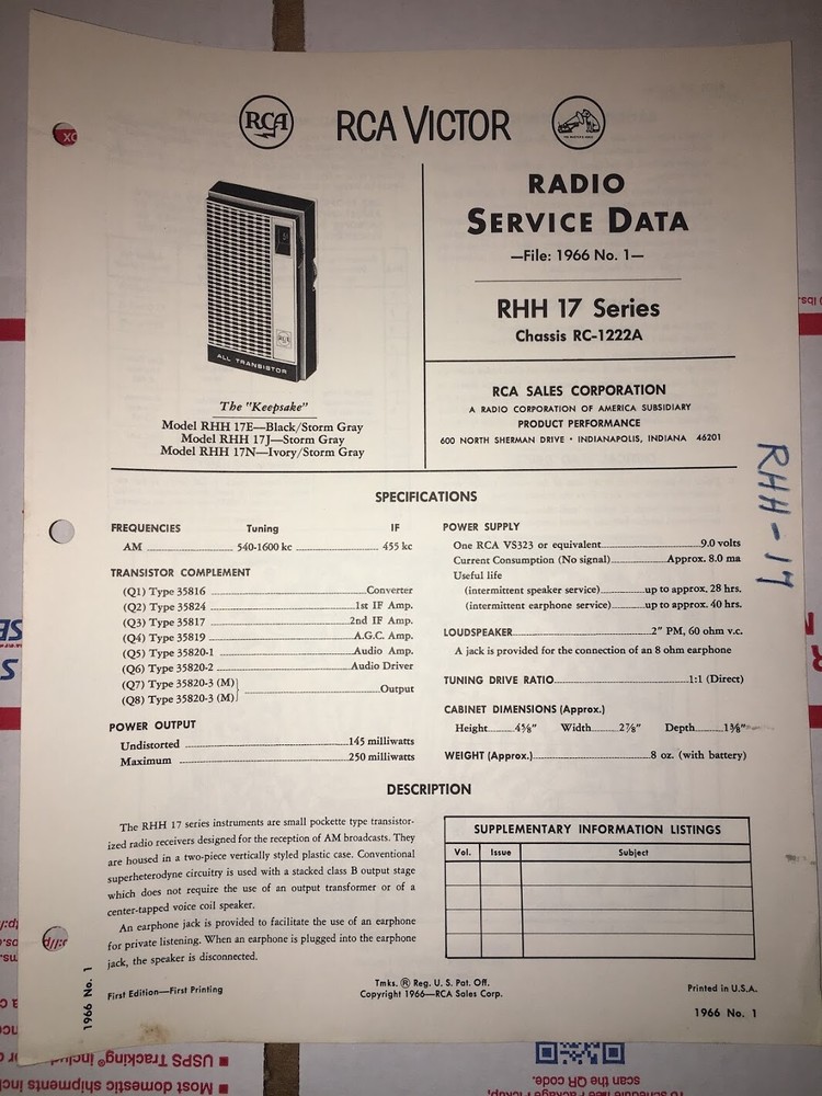 RCA Victor Radio Service Data File 1966 #1 RHH 17 Series Chassis RC-1222A