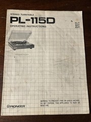 Pioneer PL-115D Stereo Turntable Operating Instructions Vintage OEM KLT KCT KUT