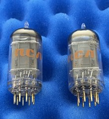 TWO RCA ECC82 12AU7A Tubes /Amplitrex Tested/ Halo / 1973 Long Grey Plates