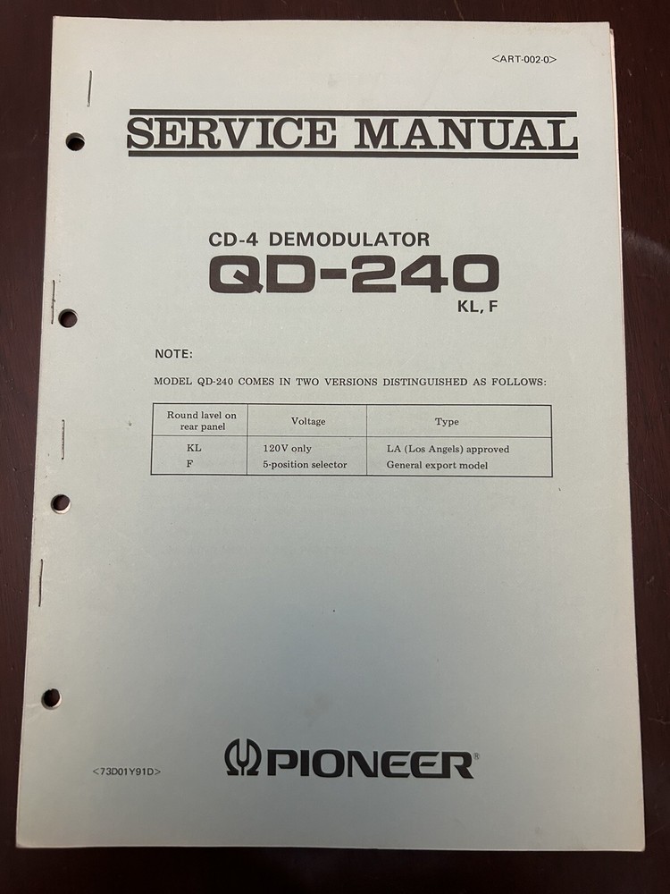 Pioneer QD-240 CD-4 Demodulator Service Manual Original OEM Vintage KL F Rare
