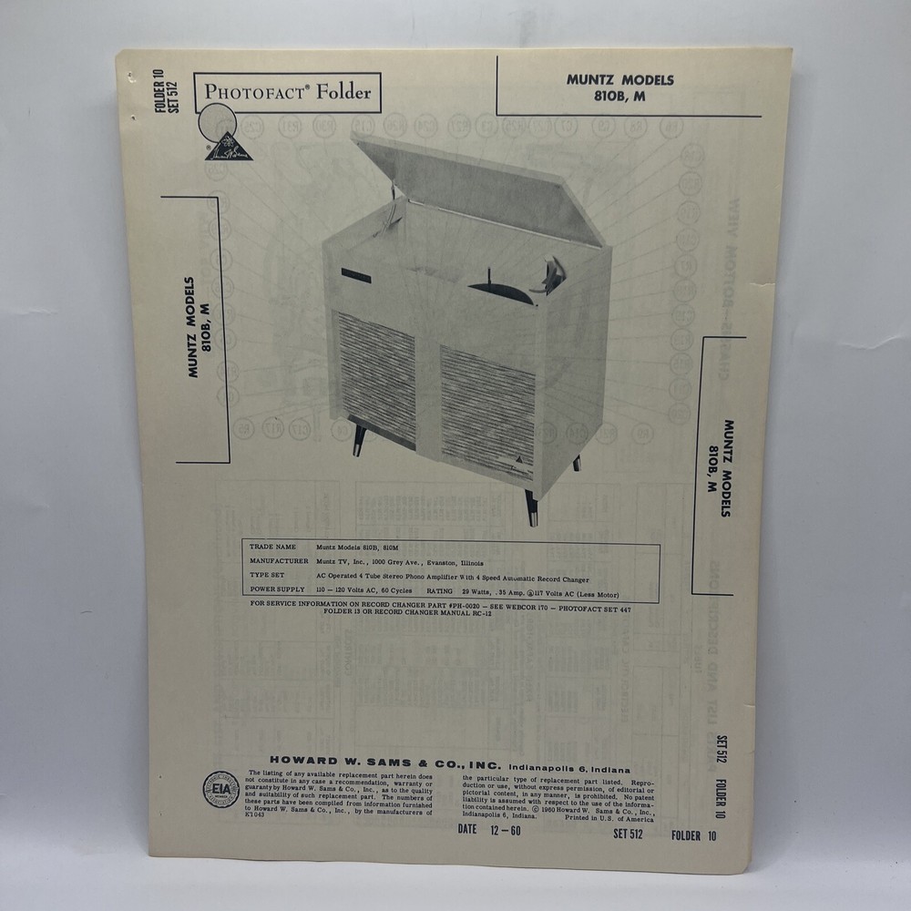 Vintage 1960 SAMS PHOTOFACT Manual Schematic Muntz 810B M Tube Stereo Phono Amp