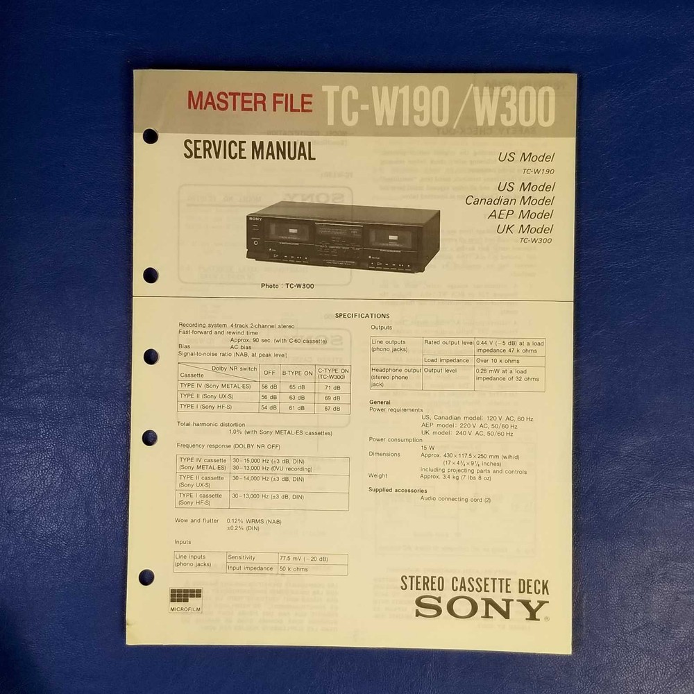 SONY TC-W190 TC-W300 Service Manual Original Paper OEM Repair Guide – USA