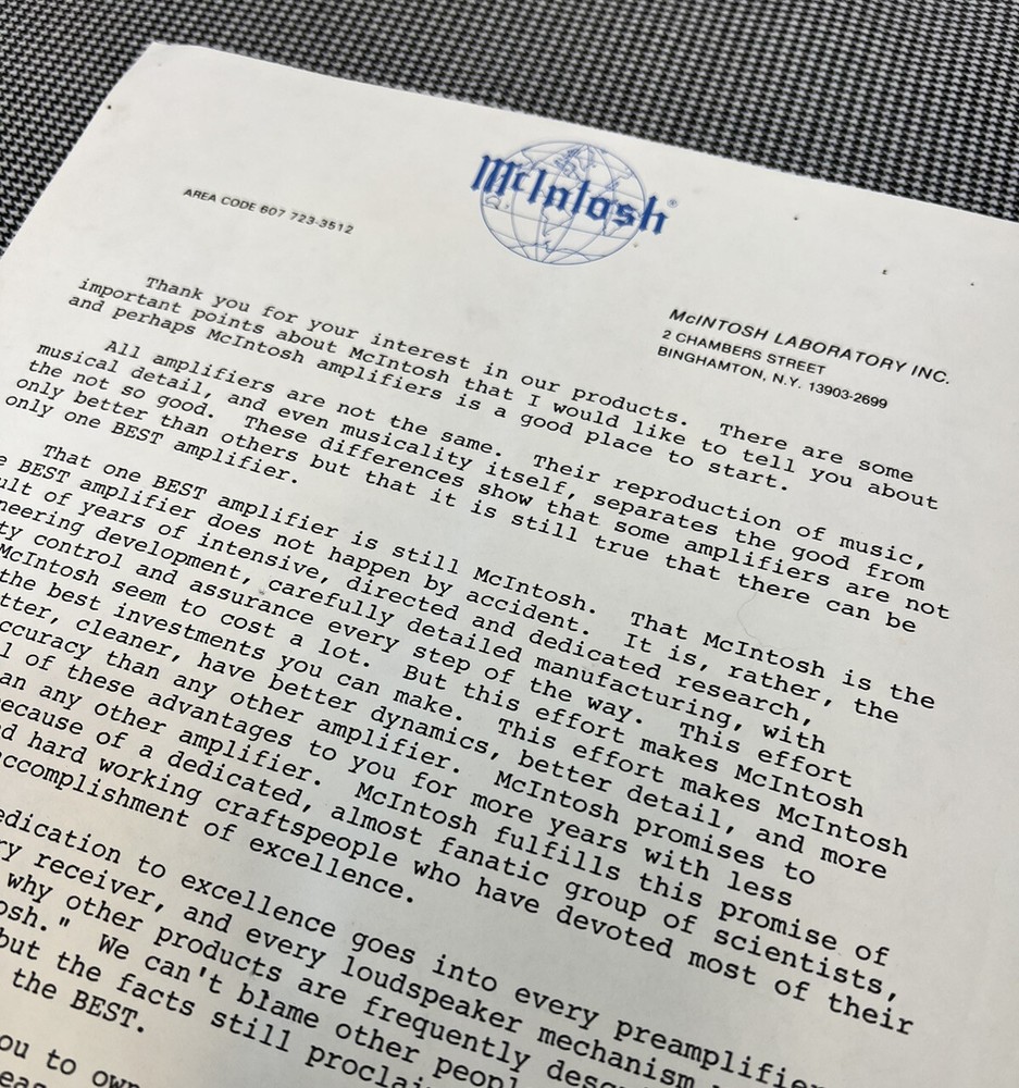 MCINTOSH HISTORY: LETTER TO BUYER ON WHY MCINTOSH AMPLIFIERS ARE THR BEST J01122