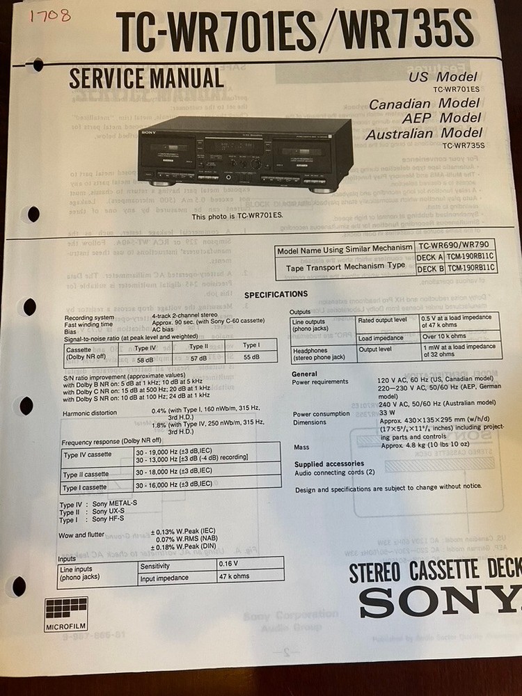 SONY TC-WR701ES TC-WR735S Service Manual FROM USA **ORIGINAL** 1708 5409 6840