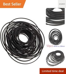 50-Pack Rubber Belts for Cassette Repair, Sizes 40mm-190mm, Black Durable Rubber