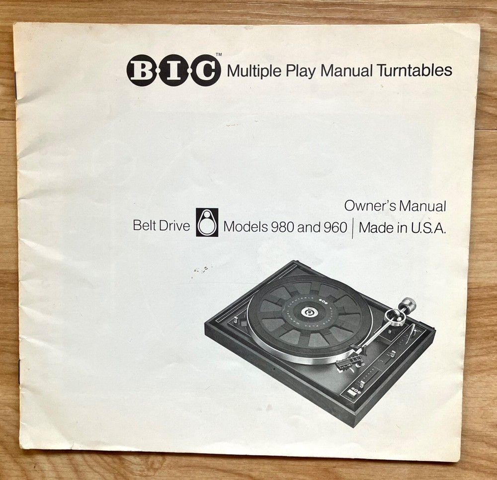 BIC Manual Turntables 980 + 960 OWNER&rsquo;S MANUAL 1976, Multiple Play Belt Drive