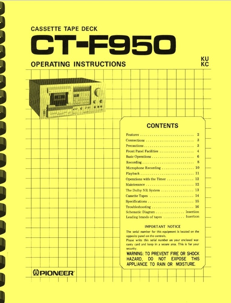 Pioneer CT-F950 Cassette Tape Deck 4-in-1 OPERATING INSTRUCTION & SERVICE MANUAL