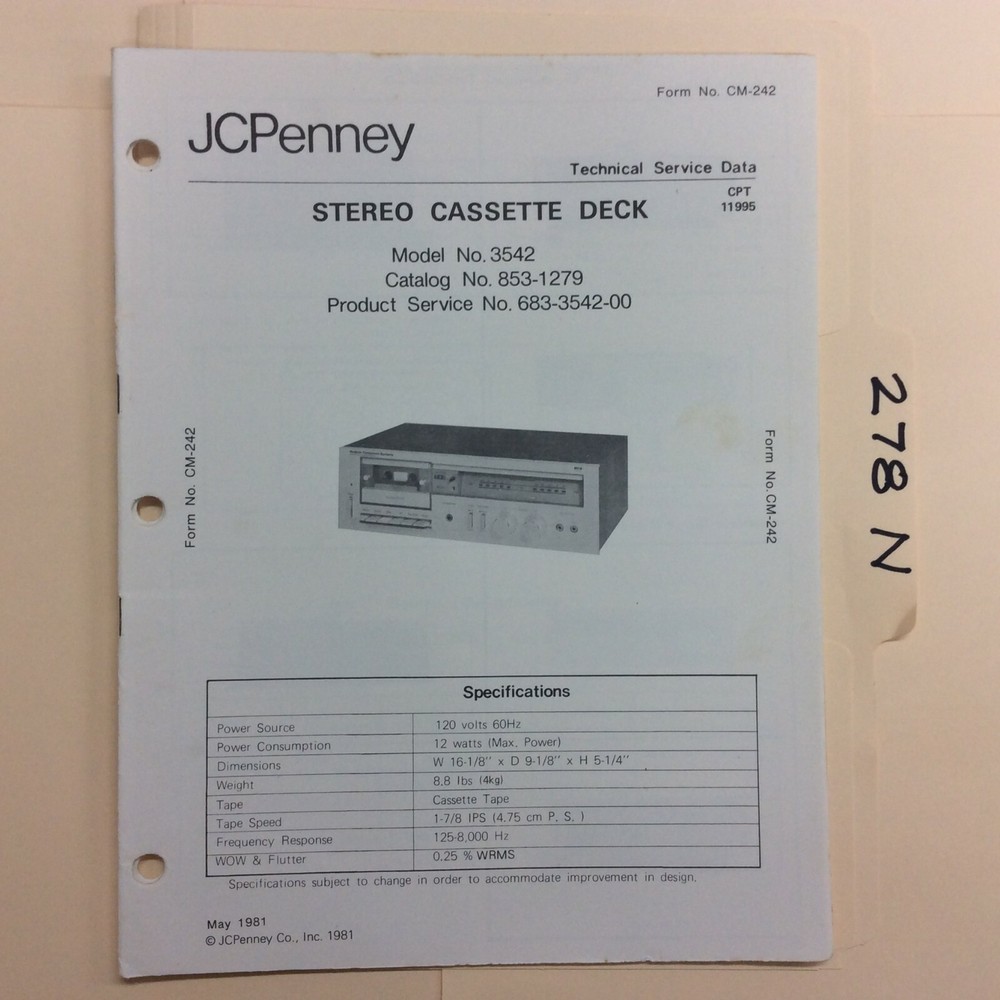 JC Penney 3542 Service Manual Original Repair Book Stereo Tape Player
