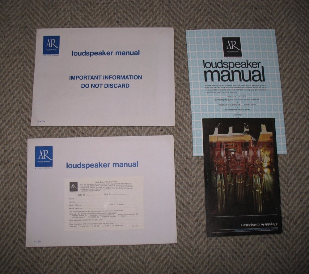 Rare AR3a Loudspeaker Manual, Warranty Card & Envelope 1973 + Loudspeaker Guide