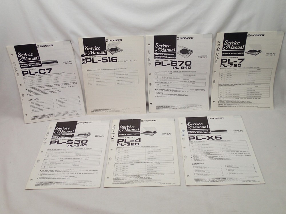Pioneer Lot of 7 Turntable Original Service Manuals PL-4 7 C7 X5 S30 S70 516