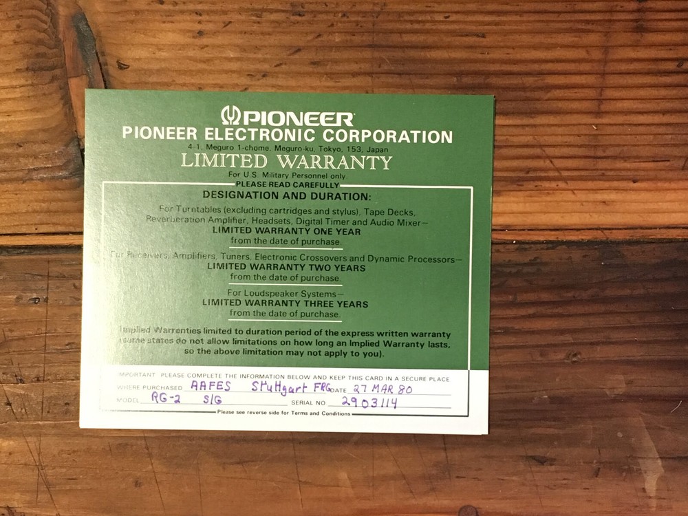 Pioneer RG-2 Dynamic Processor Warranty Card *Original*