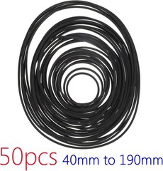 50-Pack Rubber Belts for Cassette Repair, Sizes 40mm-190mm, Black Durable Rubber